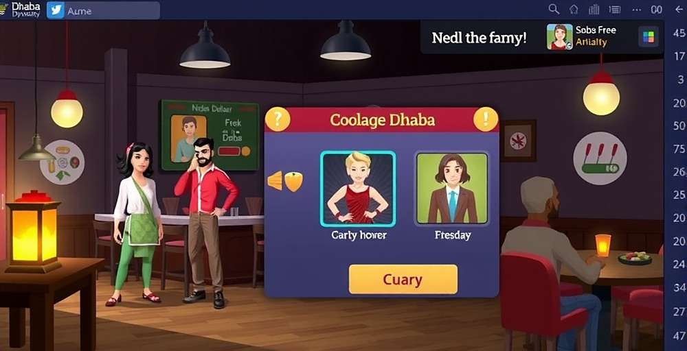 Dhaba Dollars Dynasty - A busy Indian dhaba scene Dhaba Dollars Dynasty game screenshot showing a busy Indian dhaba with customers and staff